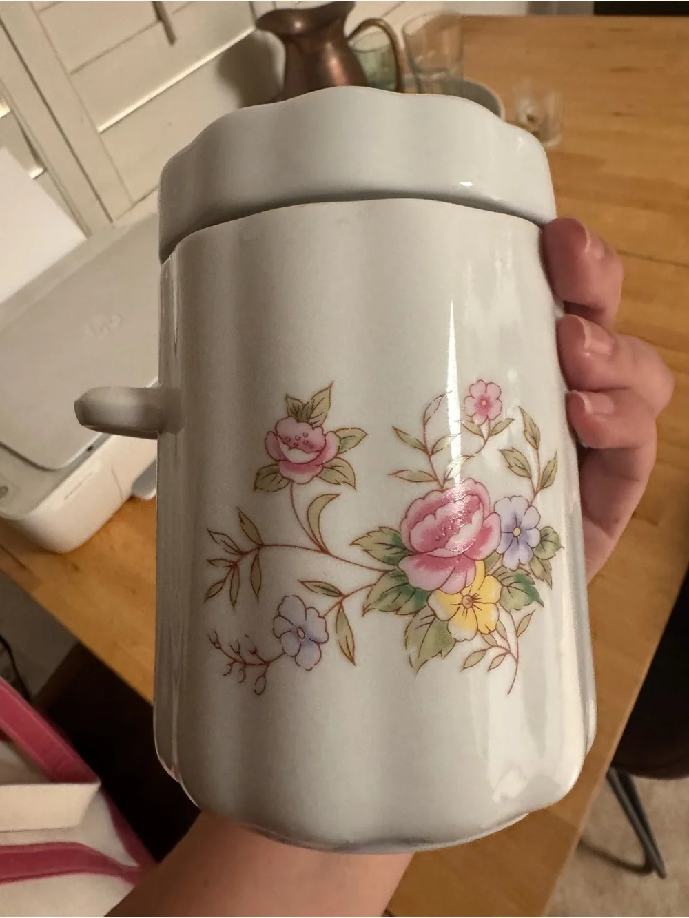 Vintage White Canister with Pink Rose Floral Design
